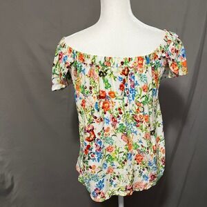 Vanilla Star Butterfly Floral Off Shoulder Top Ruffle Short Sleeve Blouse Medium